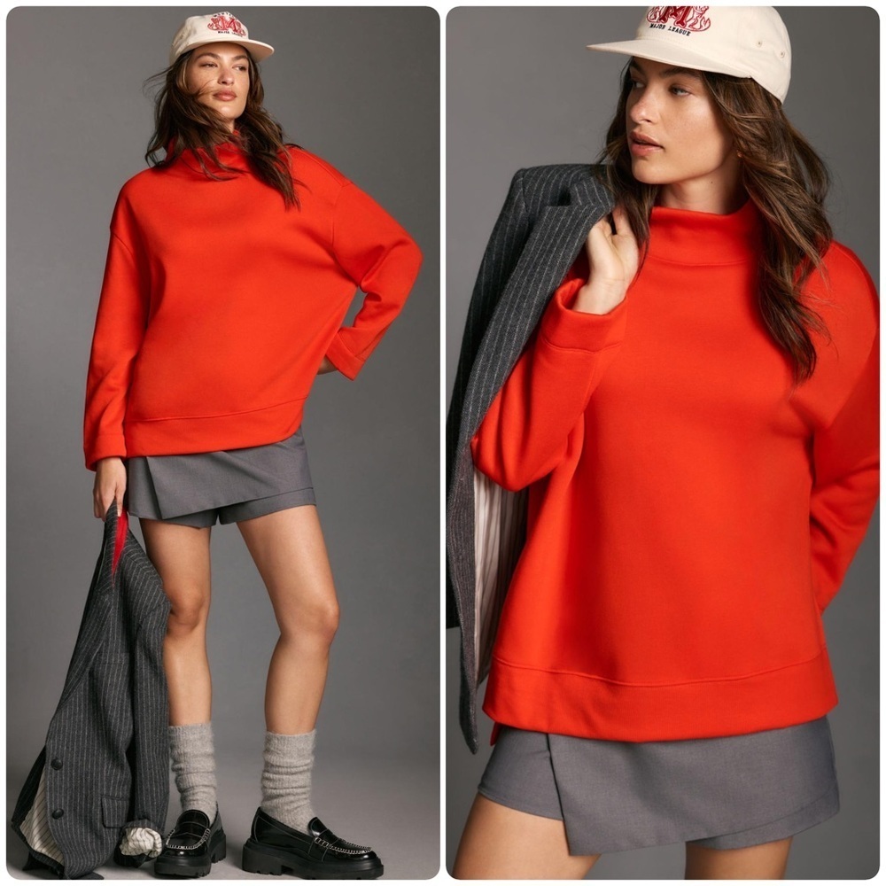 ANTHROPOLOGIE MAEVE | Funnel-Neck Tunic Pullover Bright Orange Sweatshirt Size M
